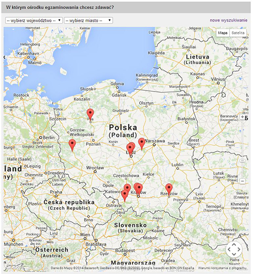 Mapa ośrodków WORD, gdzie dostępna jest usługa: Bielsko-Biała, Kraków, Łódź, Oświęcim, Piła, Rzeszów, Skierniewice i Zielona Góra.